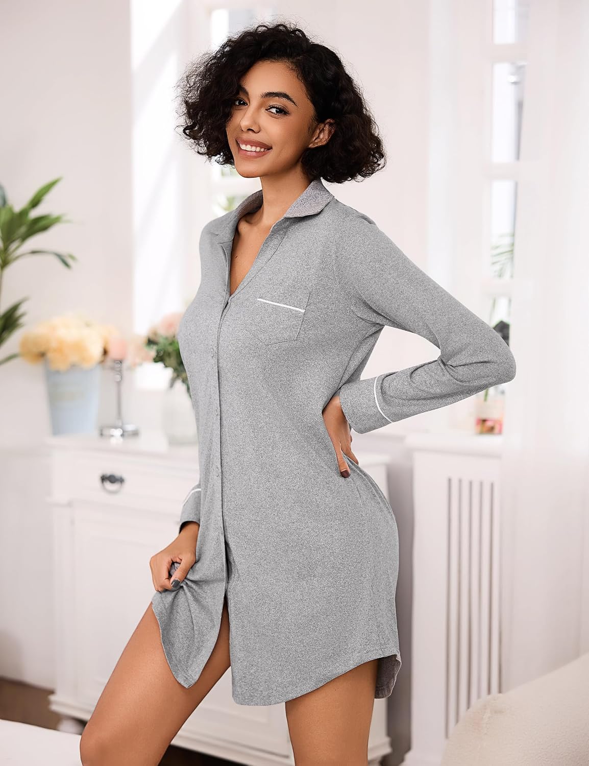 Thumbnail 2 de Bresdk Chemise de nuit femme en coton à manches longues avec boutons (allaitement et maternité)