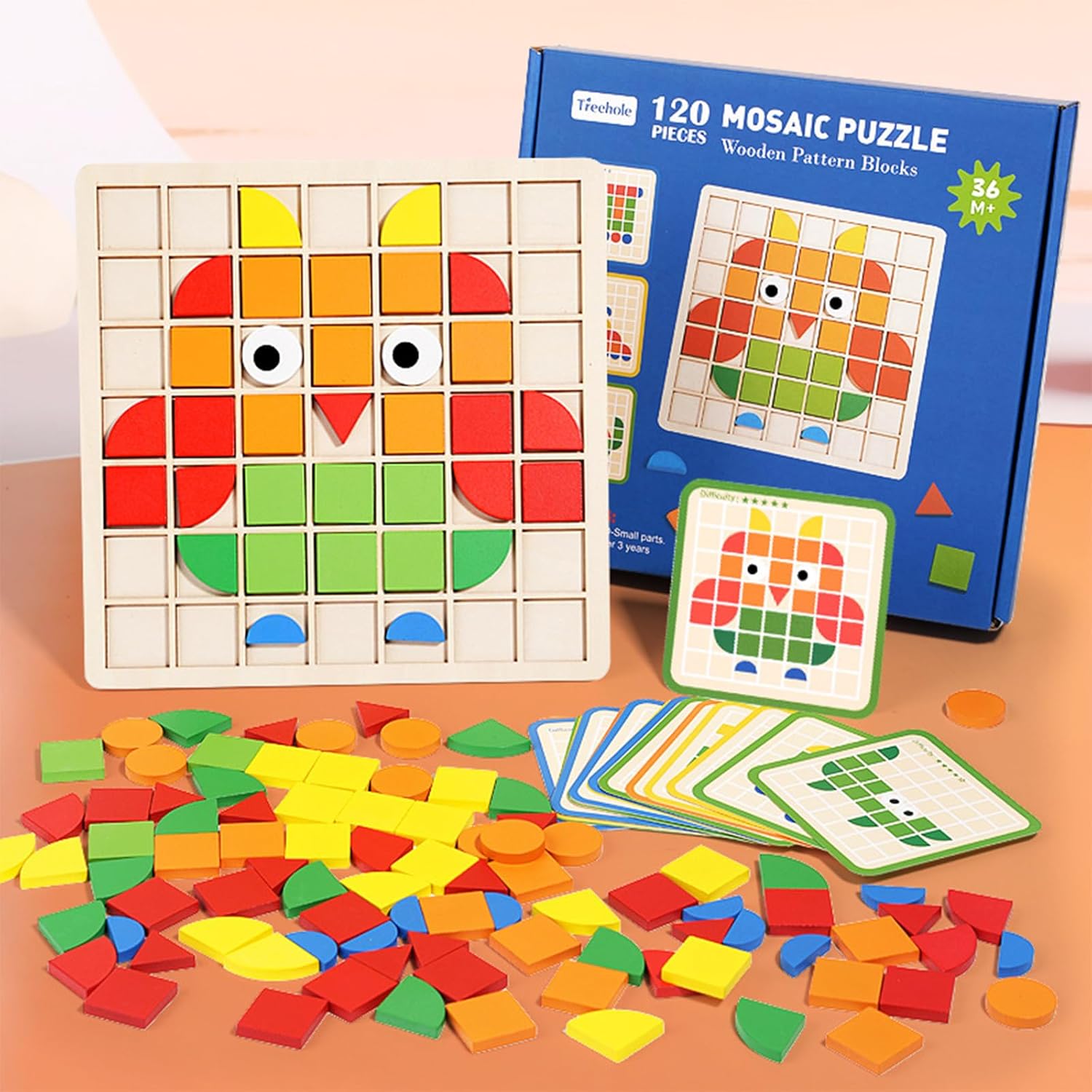 Detalle de Jastown 120pcs Creative Mosaic Puzzle — Wooden Pattern Blocks Set for Early Learning