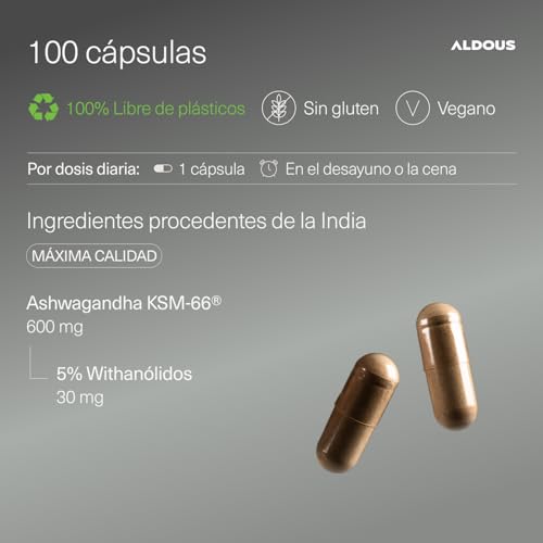 Detalle de Ashwagandha KSM-66® Ecológica de Aldous Bio — 600 mg por cápsula, 100 días, sin aditivos ni plástico