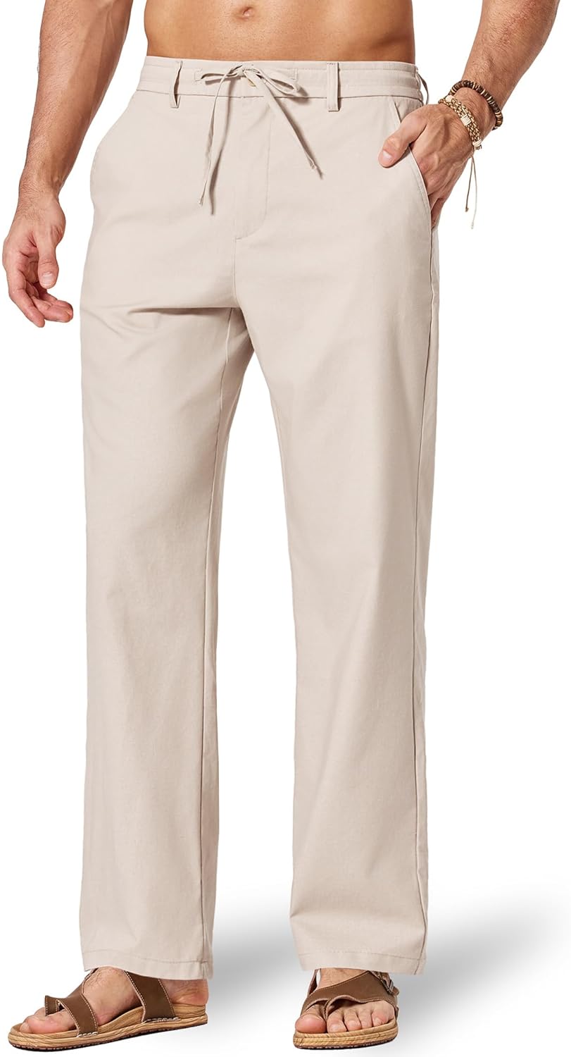 Detalle de COOFANDY Men’s Cotton Linen Pants (Loose Fit) with Drawstring Waist