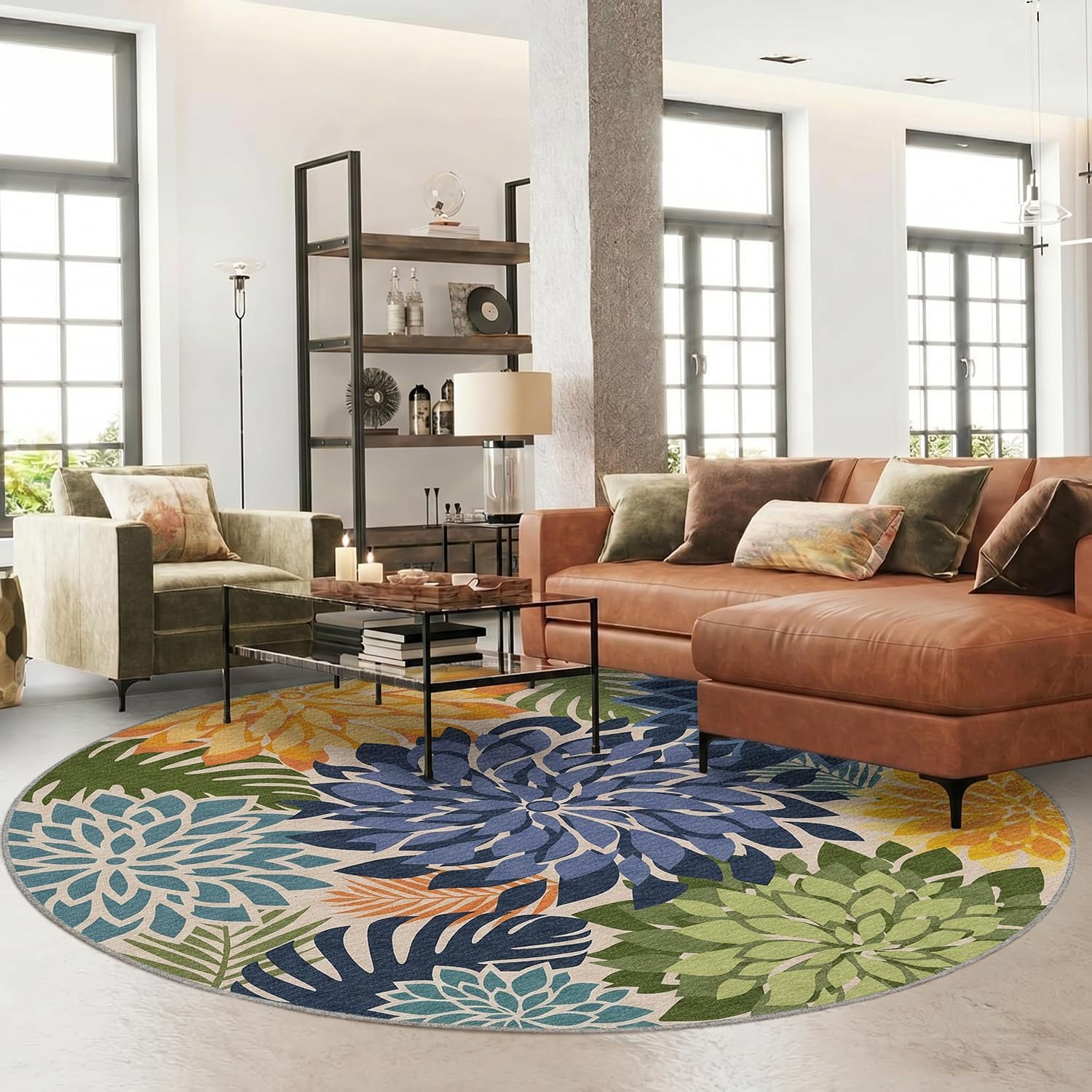 Detalle de Arenarug DTSH241004FBA 6' Round Outdoor Rug, Waterproof Floral Chenille
