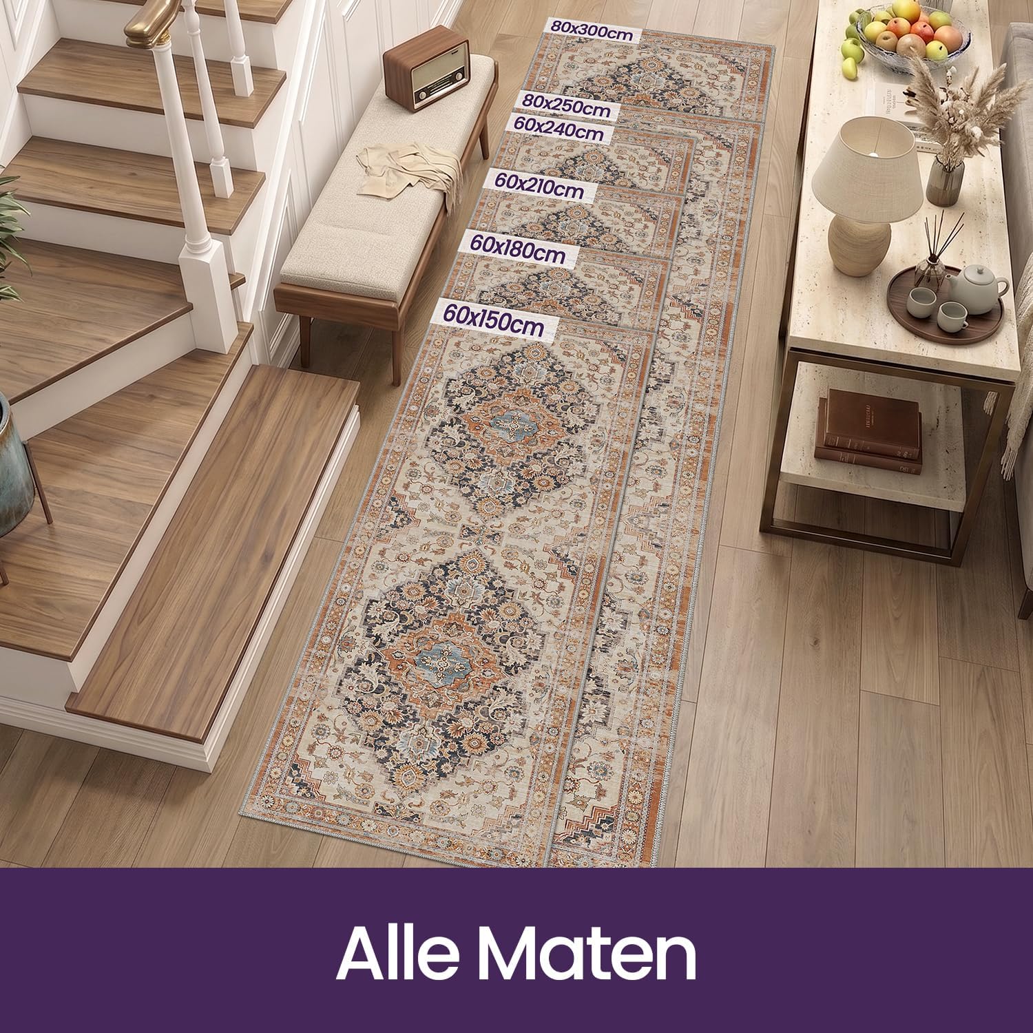 Detalle 1 de DEXI 60 x 150 cm tapijtloper, oranje vintage bloemen, antislip en wasbaar
