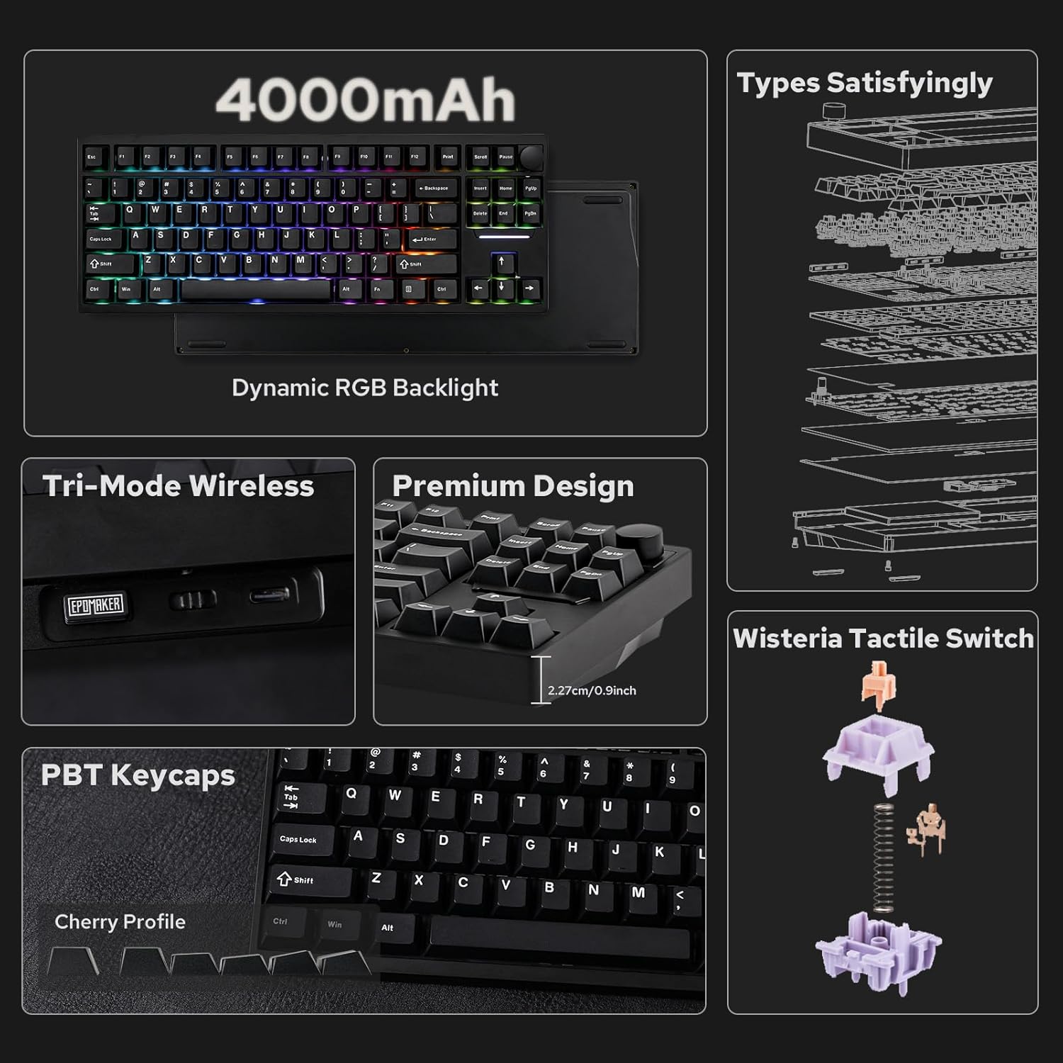 Thumbnail 5 de EPOMAKER P87 TKL Aluminum Wireless Mechanical Keyboard (QMK/VIA, metal knob) – Black with Wisteria Linear