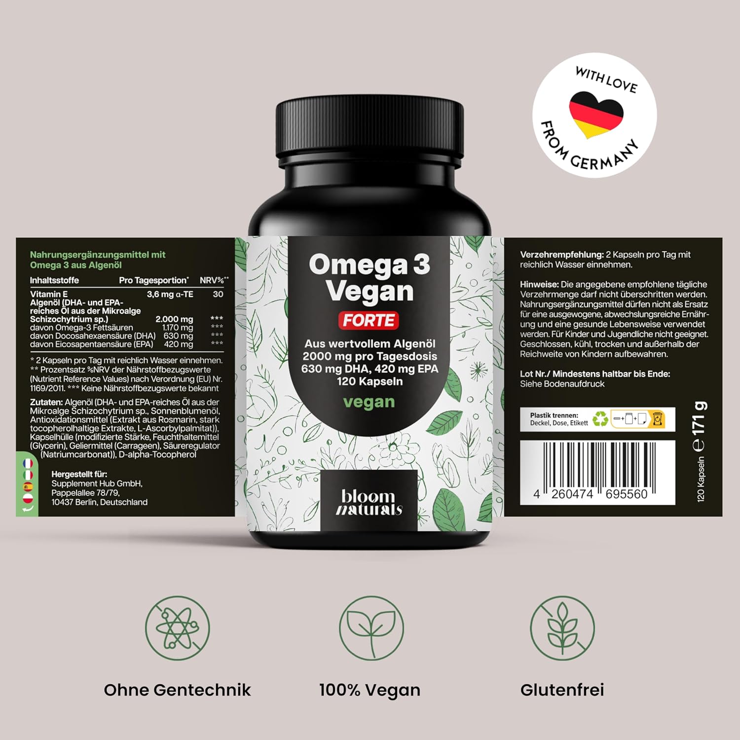 Thumbnail 6 de Omega 3 Kapseln Hochdosiert FORTE Vegan – 120 Kapseln mit 2000 mg Algenöl, DHA & EPA (Laborgeprüft, in Deutschland hergestellt)