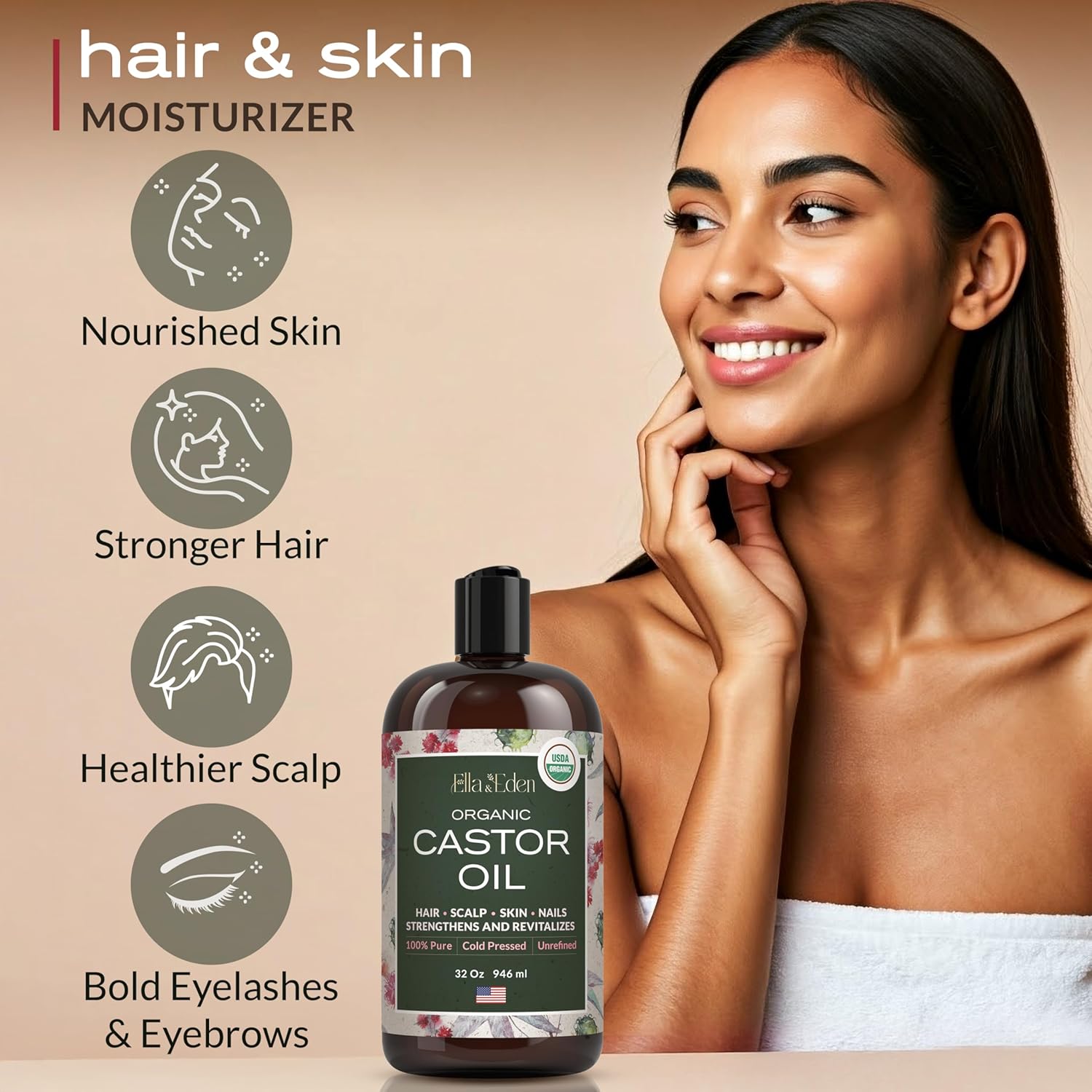Detalle 2 de Ella & Eden Organic Castor Oil (Cold-Pressed, Hexane-Free, Unrefined) – 32 fl oz