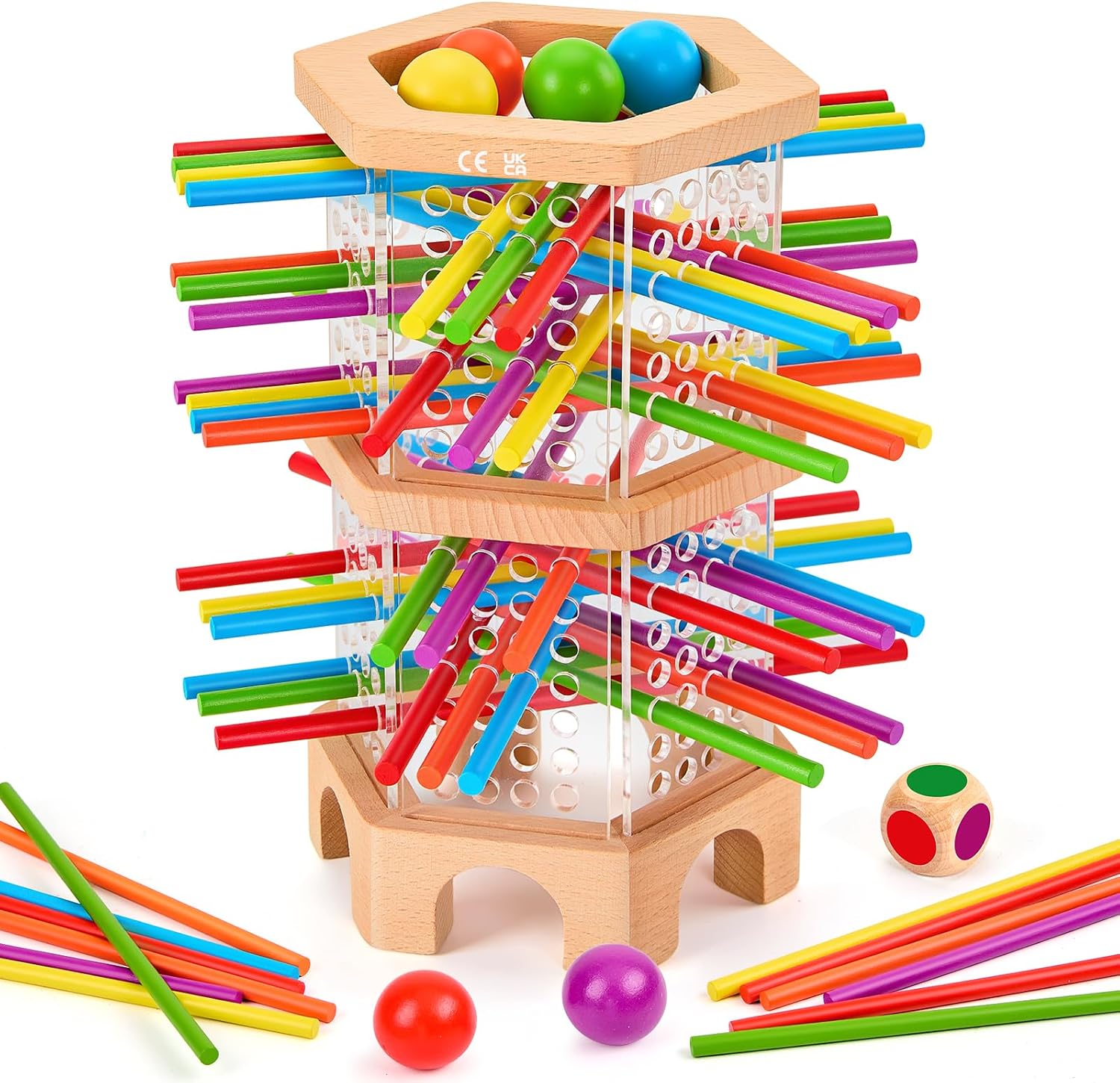 Detalle de Montessori Spiel Holz – Würfelspiele mit 42 bunten Holzstäbchen (ab 3 Jahren) für Feinmotorik & Familienrunden