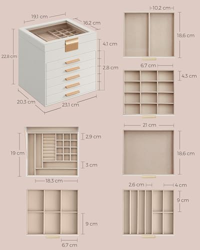 Detalle de SONGMICS Colección GISELLA: Caja de Joyas JBC176W01, 6 Niveles y 45 Compartimentos en Blanco Nube y Dorado
