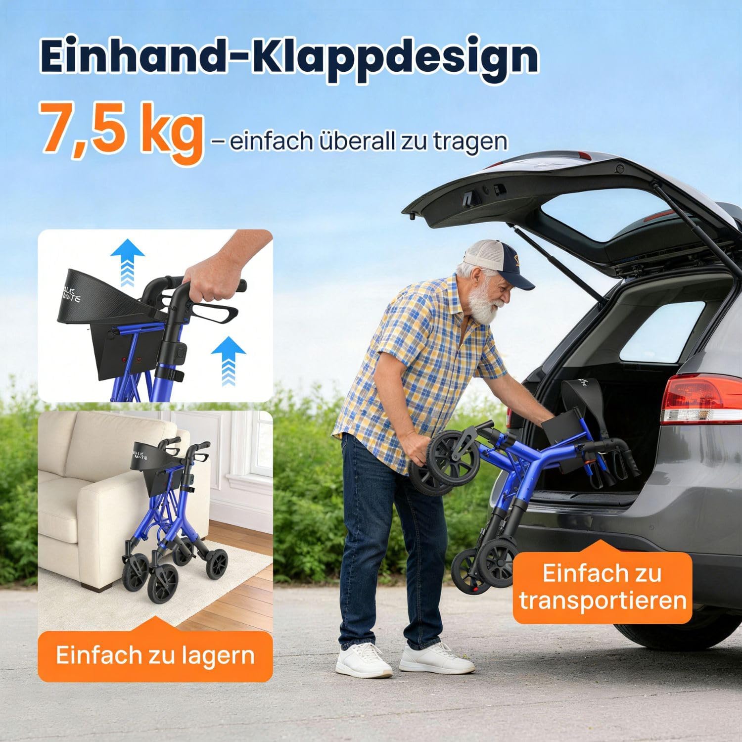 Detalle 2 de WALK MATE Rollator für große Menschen bis 2 m – höhenverstellbar, faltbar & leicht mit Sitz