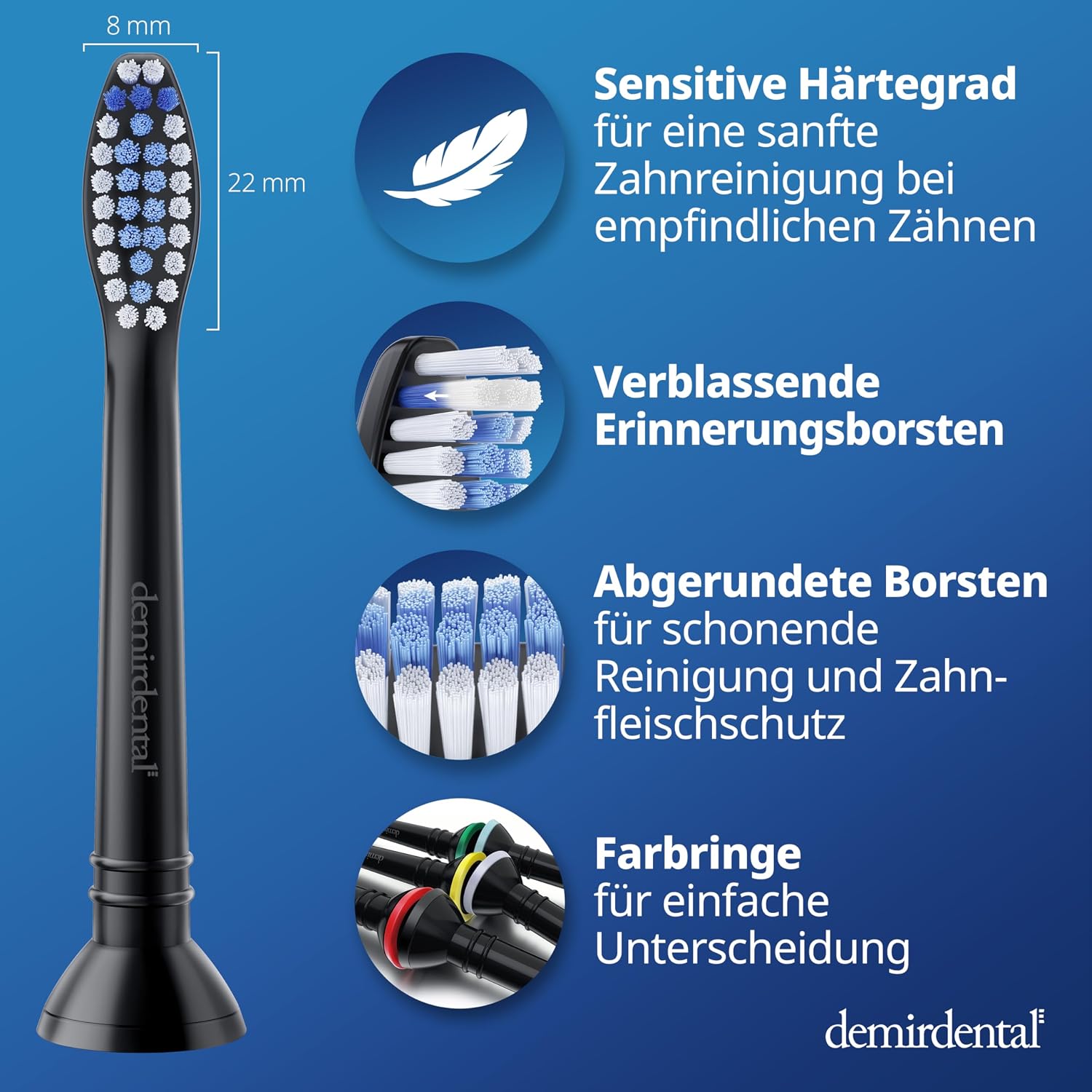 Detalle de 8er demirdental Sensitive Aufsätze – Weiche Bürstenköpfe für Philips Sonicare, Schwarz (HX6058b kompatibel)