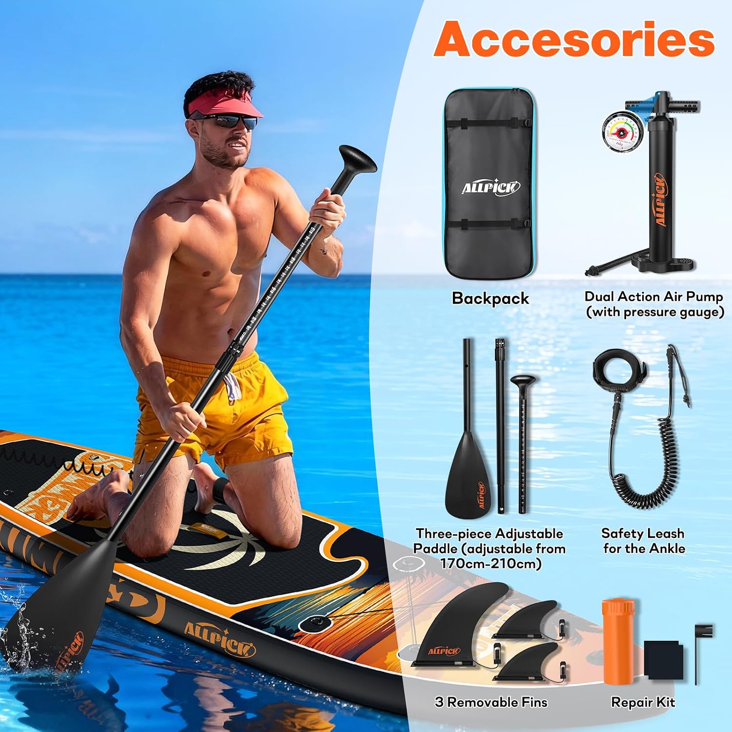 Detalle 2 de ALLPICK Premium SUP Board Set: Aufblasbares Stand Up Paddleboard-Set mit Kamerahalterung und Zubehör