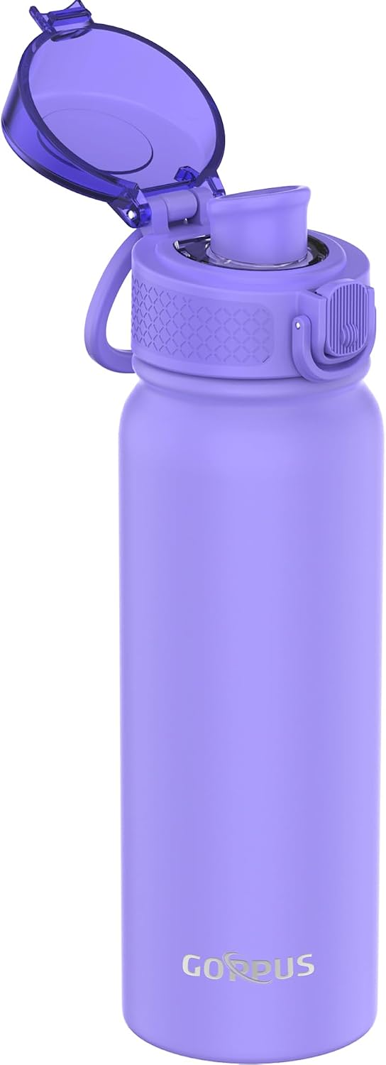 Detalle de GOPPUS 600ml Insulated Water Bottle with Spout Lid (No Straw) – Leakproof Stainless Steel, Purple