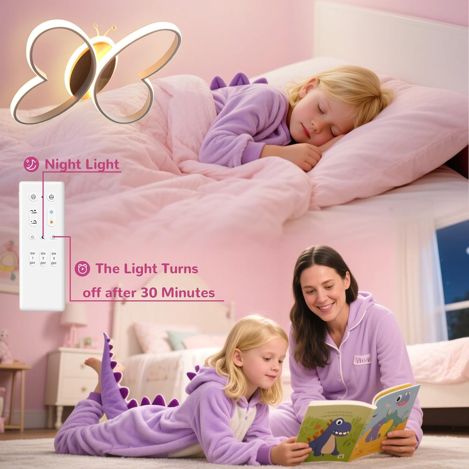 Detalle de Dythwron Lampada da Soffitto a forma di farfalla per Cameretta – LED con telecomando, luce notturna e timer (Bianco, Ø48 cm)