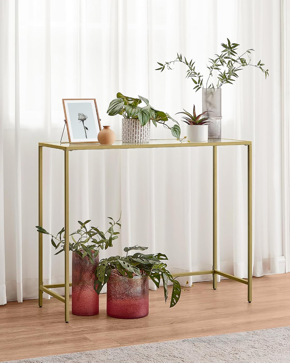 Detalle de VASAGLE BARIS LGT132A01 consoletafel van gehard glas, goudkleurig frame