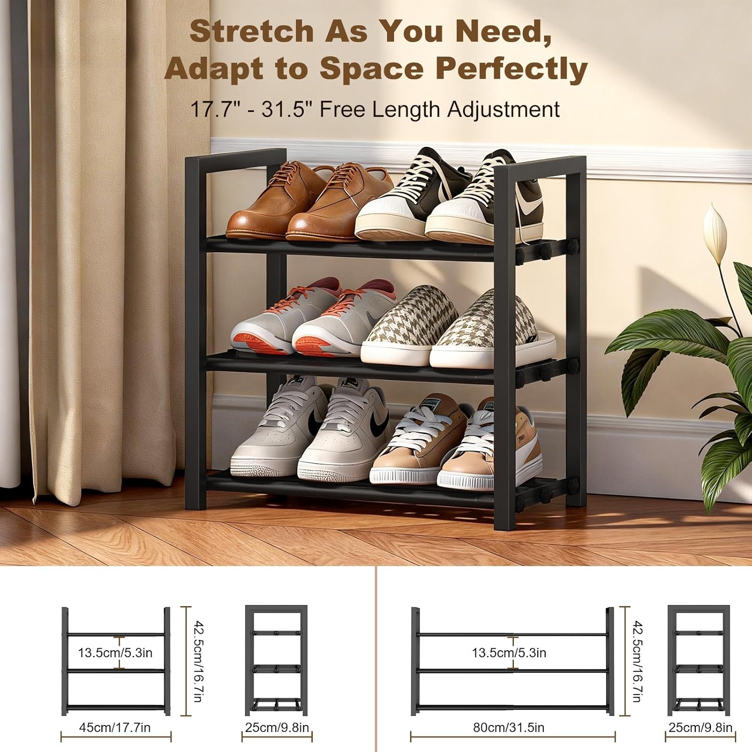 Detalle 2 de Roylvan Shoe Rack 3-Tier Expandable Metal Shoe Rack, 17"–31", Black