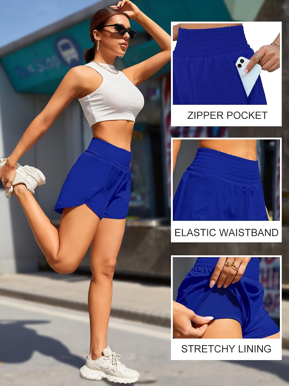 Detalle de BMJL 2.5" Women's Athletic Shorts, High-Waisted with Zip Pocket