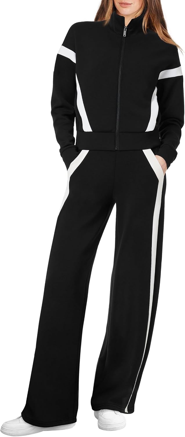 Detalle de XIEERDUO Women's Lounge Set with Full-Zip Sweatshirt and Wide-Leg Pants