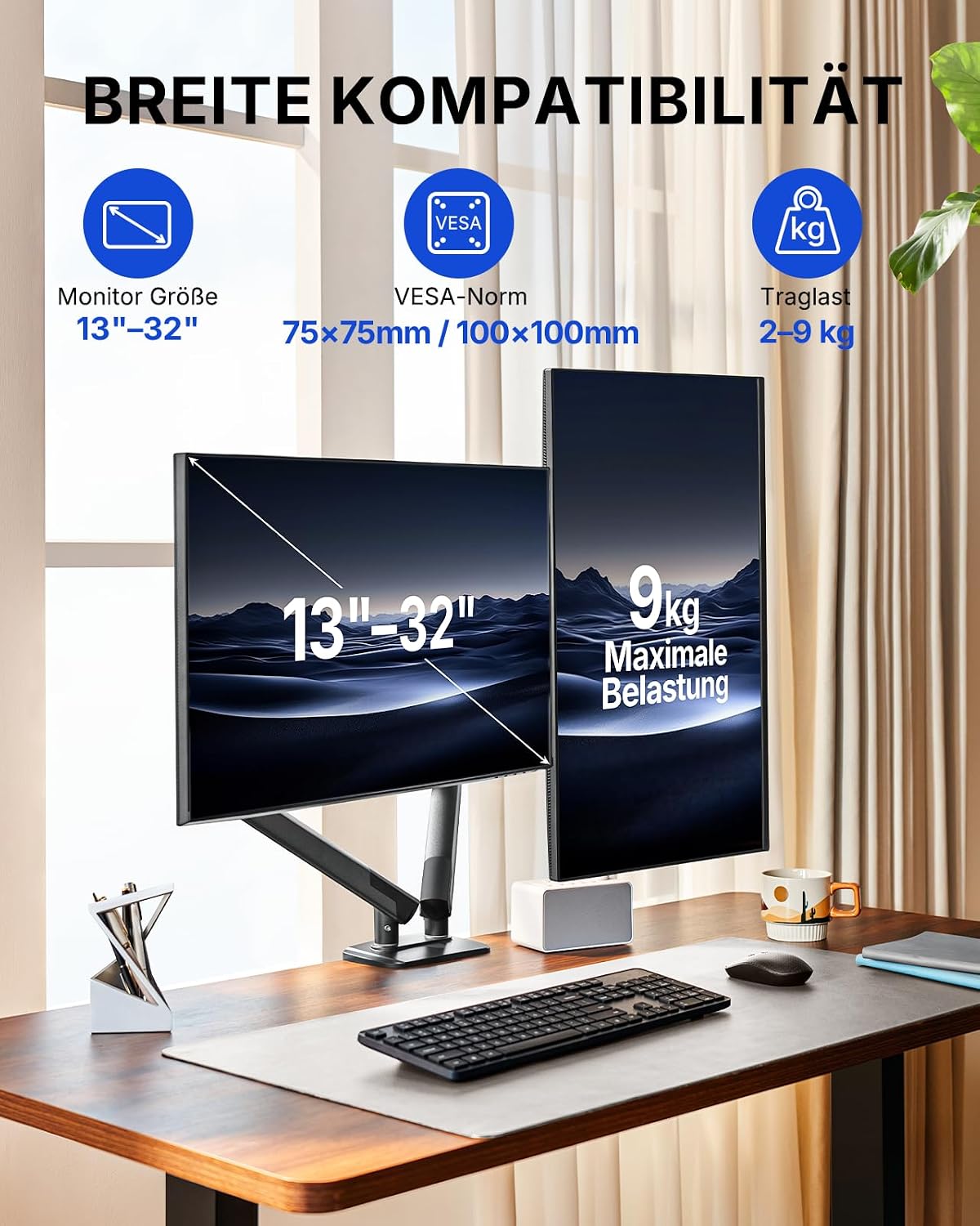 Detalle de HUANUO MonitorHalterung 2 Monitore für 13–32 Zoll – FlowLift Pro mit MechaSpring, werkzeugloser InstaMount, ACA-empfohlen