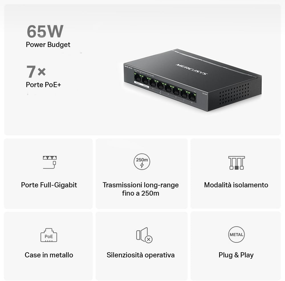 Thumbnail 3 de MERCUSYS (TP-Link) Mercusys MS108GP Switch PoE+ Gigabit 8 porte con 7 PoE+ fino a 30W per porta
