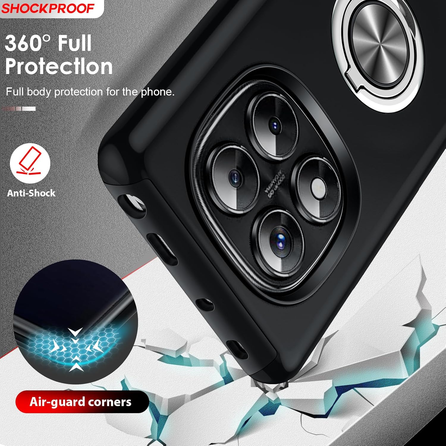 Detalle 2 de LeYi Coque pour Xiaomi Redmi Note 14 Pro 5G / 4G + Note 14 Pro Plus 5G – Étui TPU avec Anneau Invisible, Protection Antichoc et Finition Noire