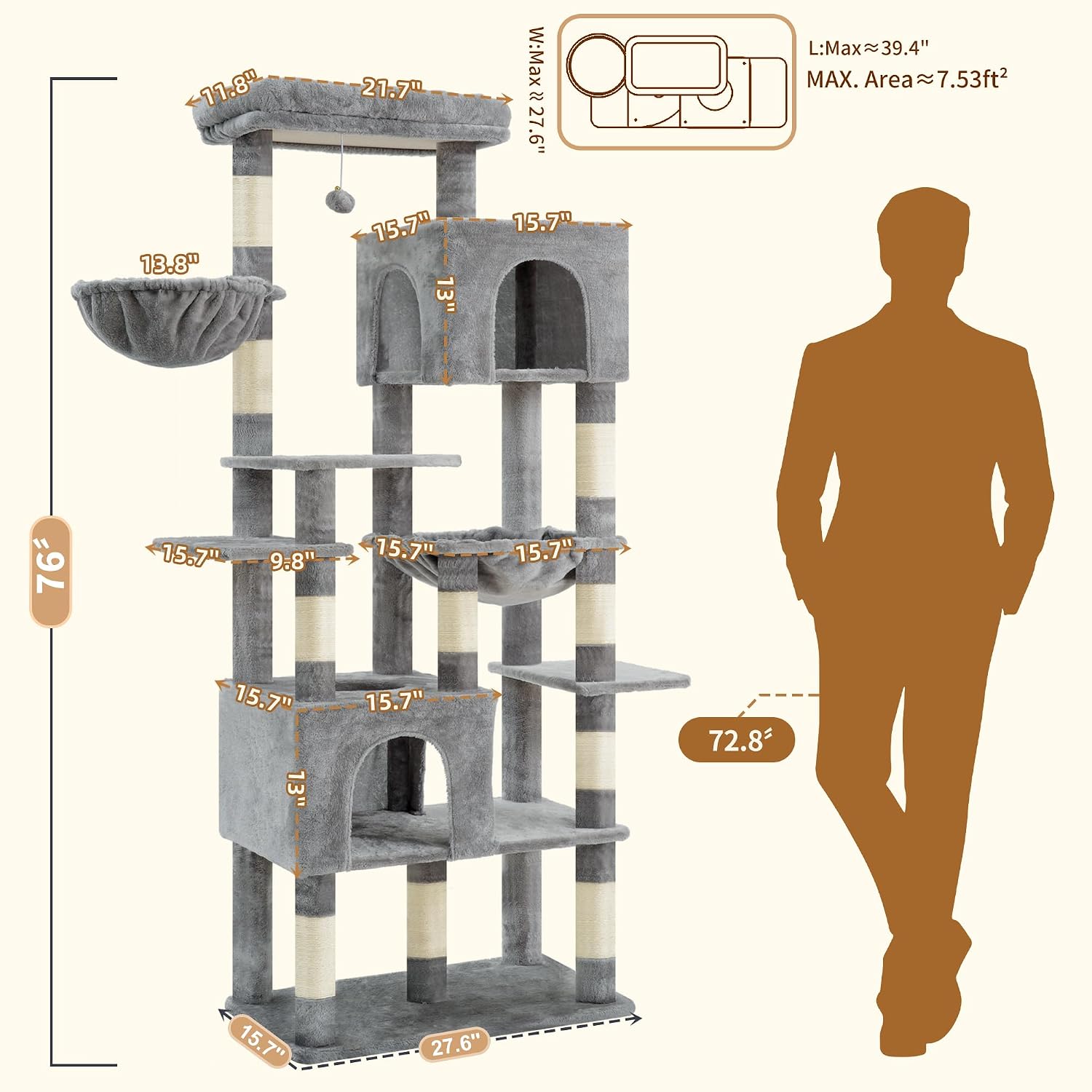 Detalle 2 de Heybly Cat Tree, 193cm Tall Heavy Duty Cat Tower for Big Cats with Extra Wide Baseboard
