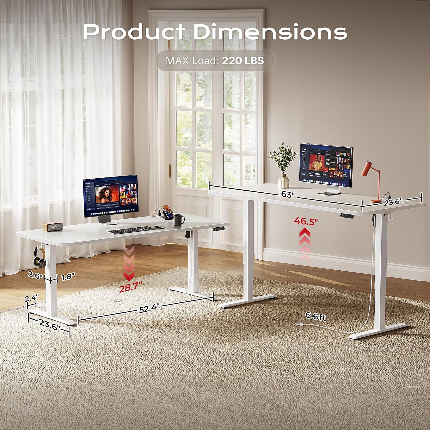 Detalle de Huuger 63 x 24 Inch Electric Standing Desk with Outlets and USB-C (White)