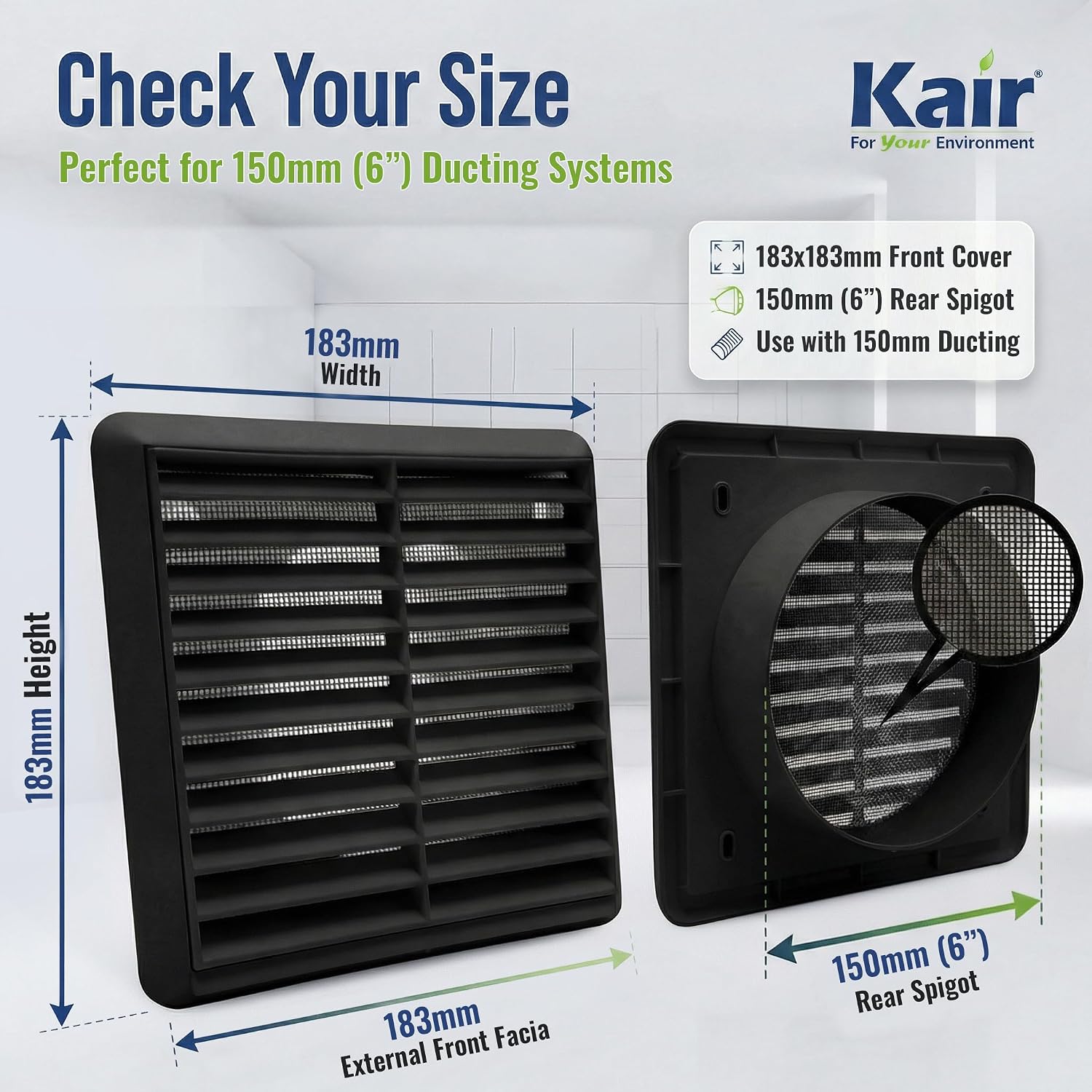Detalle de Kair Black 150mm Louvred Wall Vent Grille with Flyscreen