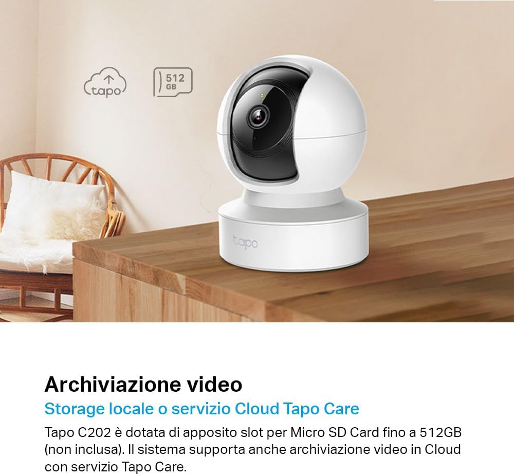 Thumbnail 5 de Tapo C202: Telecamera Wi‑Fi interna con 360° Pan/ Tilt, visione notturna, audio bidirezionale e archiviazione microSD