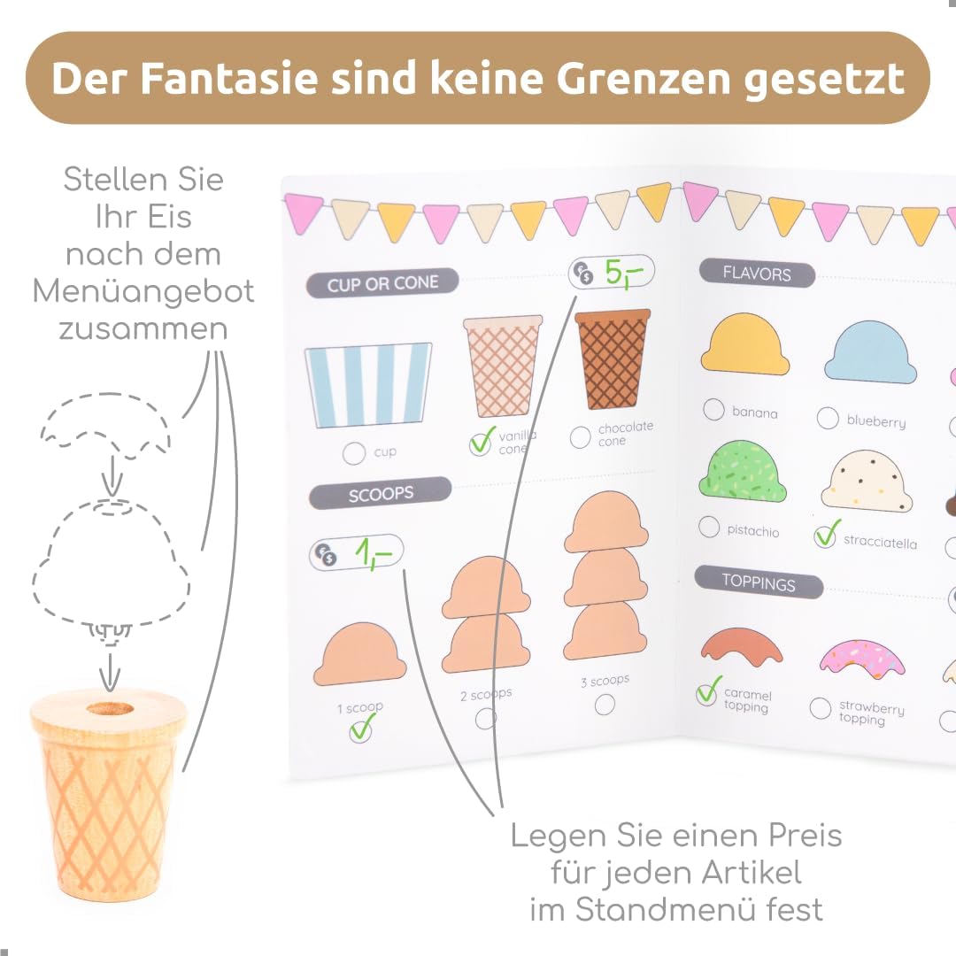 Thumbnail 4 de UMU® Kinder Eisdiele aus Holz – Rollenspiel-Set mit Eisladen, Küchenzubehör, Spielgeld und Menükarte (37-tlg.)