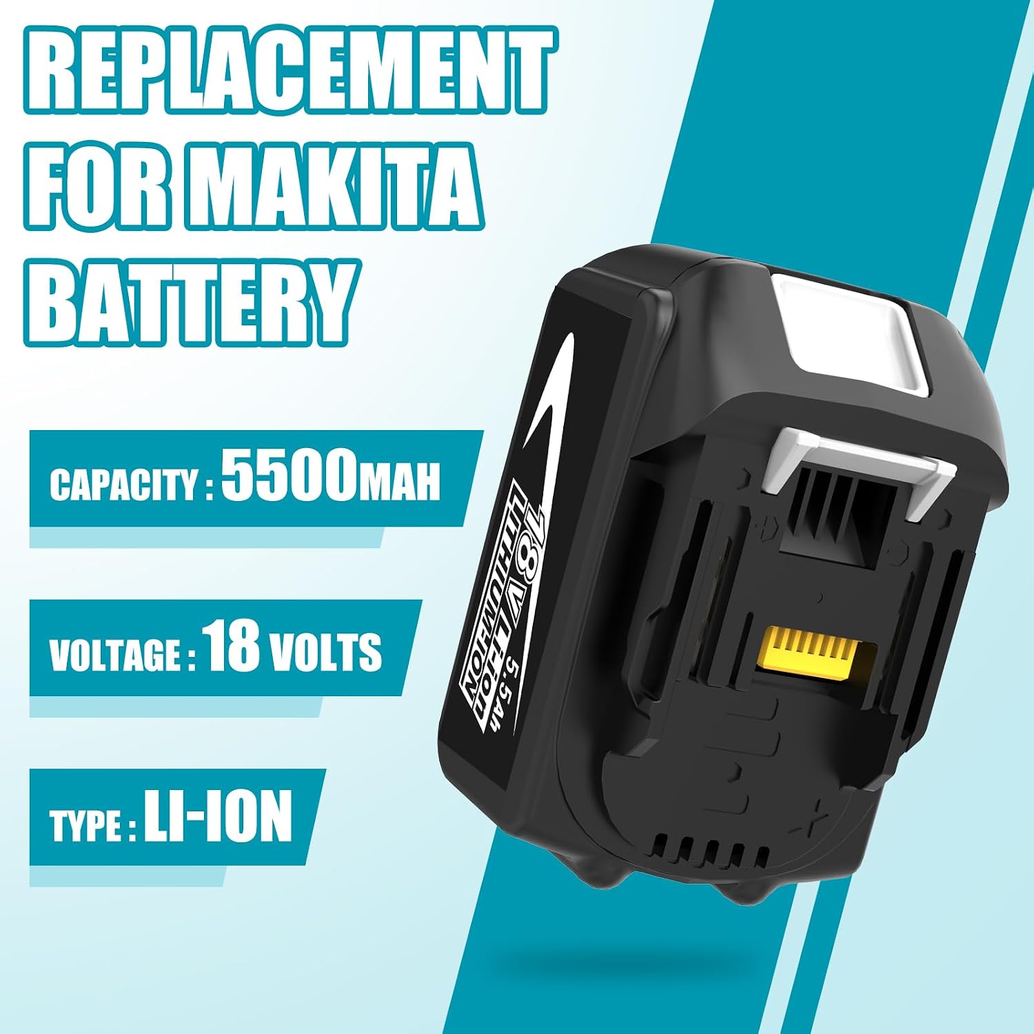 Thumbnail 1 de 2 batteries de rechange 18V 5,5Ah Li-ion pour outils Maki-TA (compatibles BL1850/BL1860B/BL1840/BL1830/BL1820B/BL1815) – pack de 2