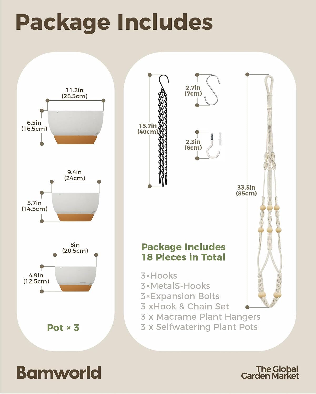 Detalle de Bamworld Set di 3 Portavasi da Appendere in Macramé con Autorinnaio – Vasi Sospesi 28/23/20 cm, Bianco