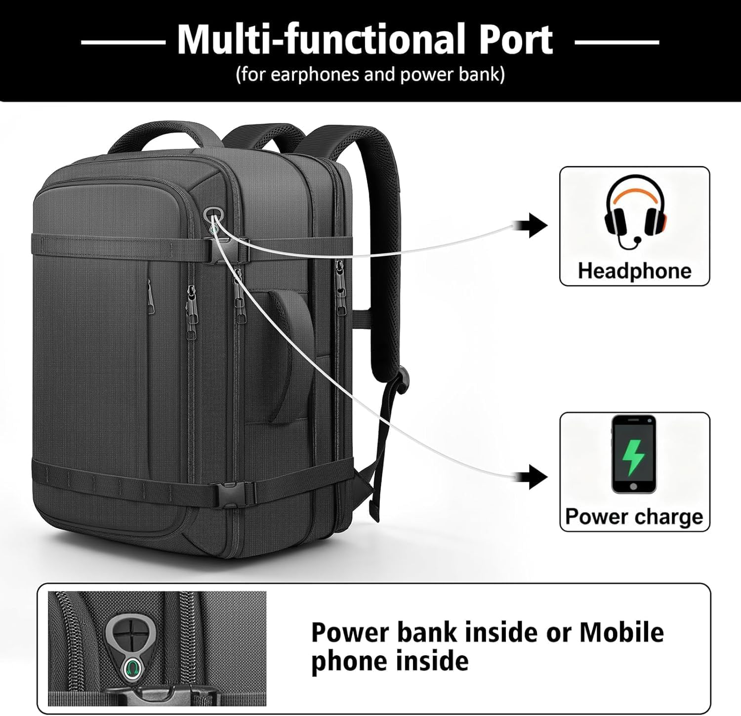 Detalle 2 de HULVION Roomy Carry On Backpack with Expandable Large Capacity, USB Cable Port & Lifetime Warranty (Fits 18.4" Laptop) – Black
