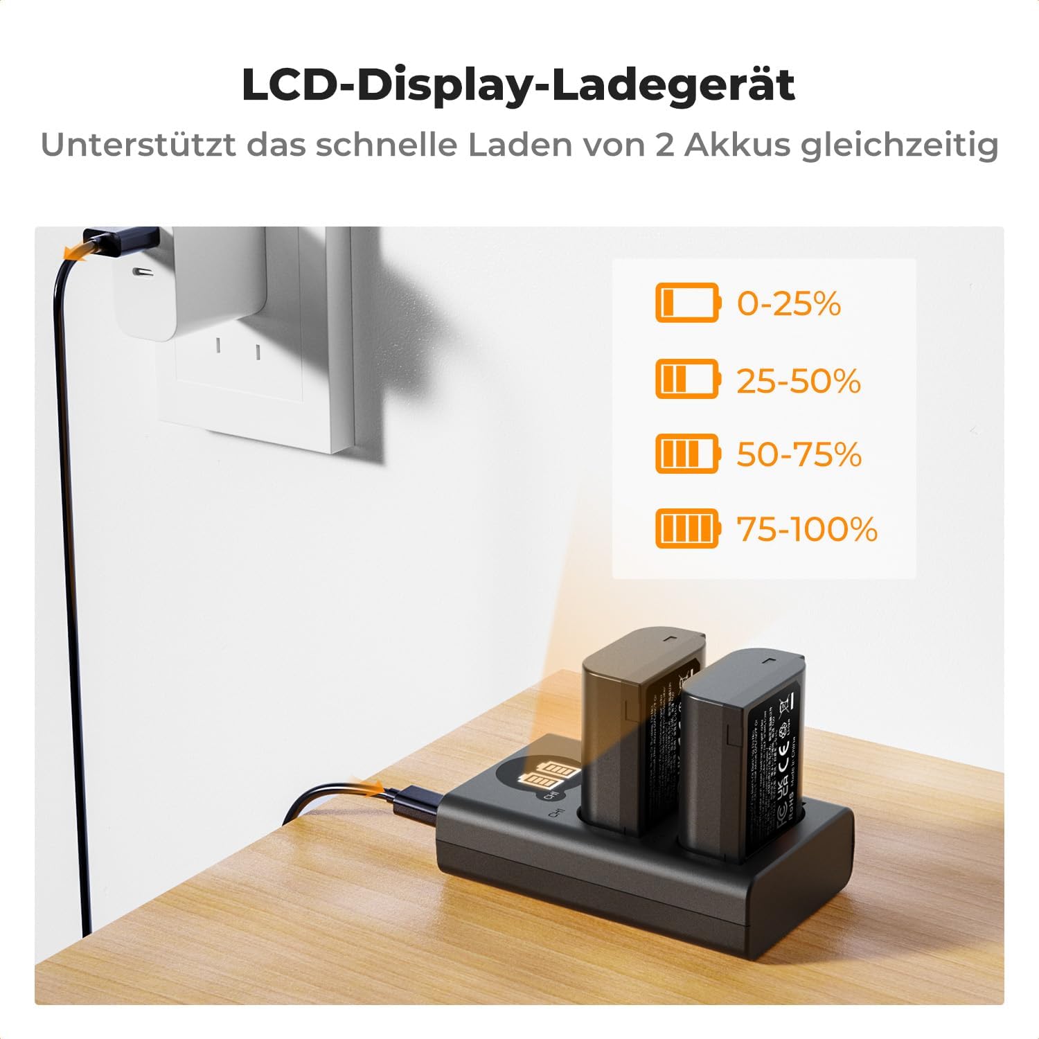 Detalle de K&F CONCEPT DMW-BLK22 Akku 2er-Pack (2400 mAh) + LCD Dual-Slot-Ladegerät für Panasonic Lumix