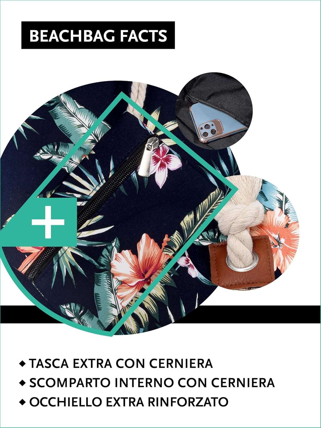 Detalle 2 de DonDon Grande borsa da spiaggia idrorepellente con cerniera e tracolla (formato shopper)