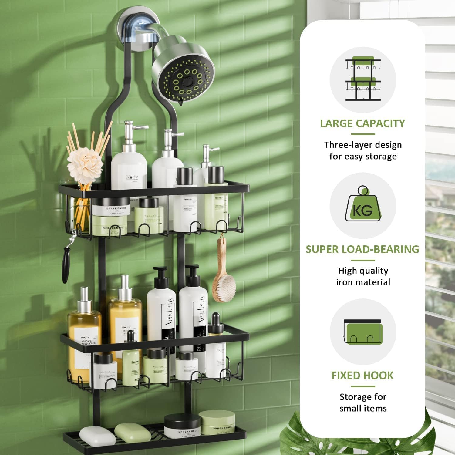 Detalle 2 de Ruhetfam Shower Caddy Hanging Stainless Steel Organizer, 3 Baskets, 16 Hooks
