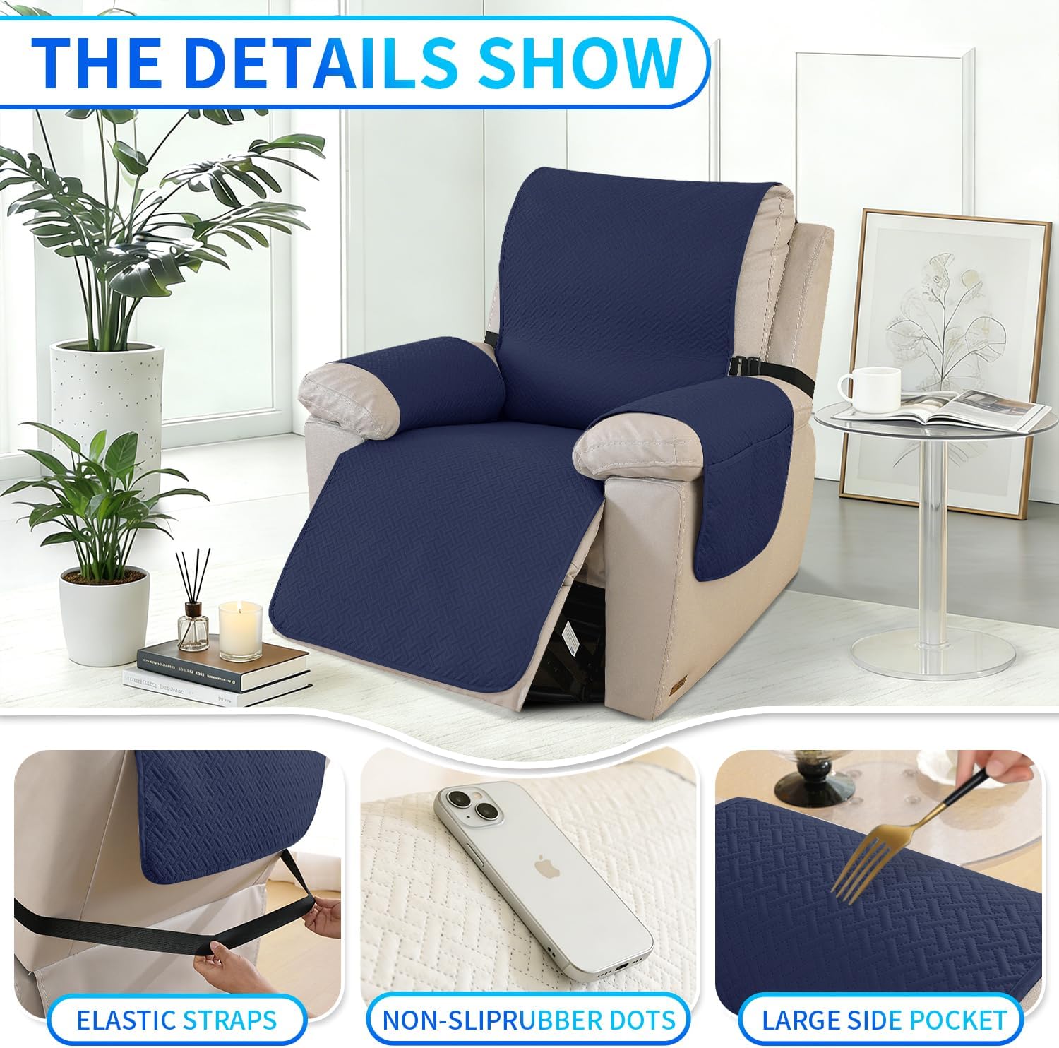Thumbnail 4 de CYCMACO Copripoltrona Grande 1 Posto Relax Reclinabile Blu Scuro – Impermeabile con Tasche Laterali