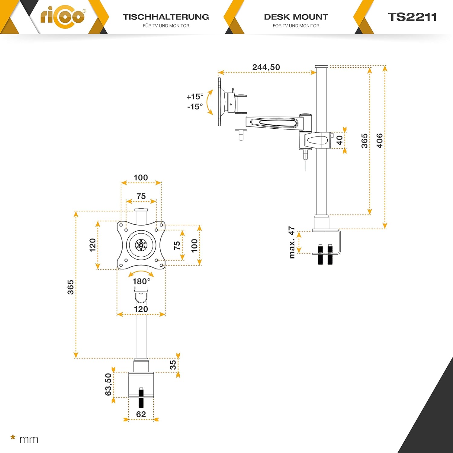 Detalle de Support Écran PC TV RICOO TS2211 – Bras articulé universel, 13 à 32 pouces, fixation bureau