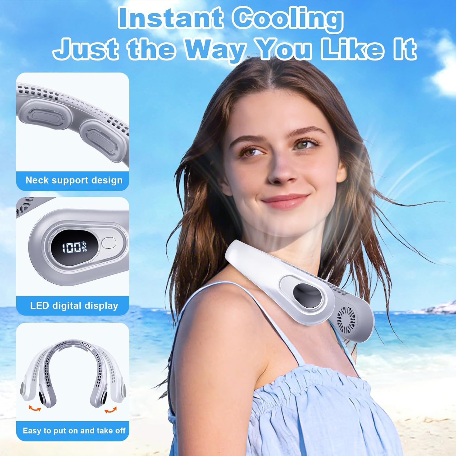 Thumbnail 1 de FYALLASO Portable Neck Fan Rechargeable with LED Display, 5 Speeds, 5000 mAh Bladeless Personal Cooler (Gray)