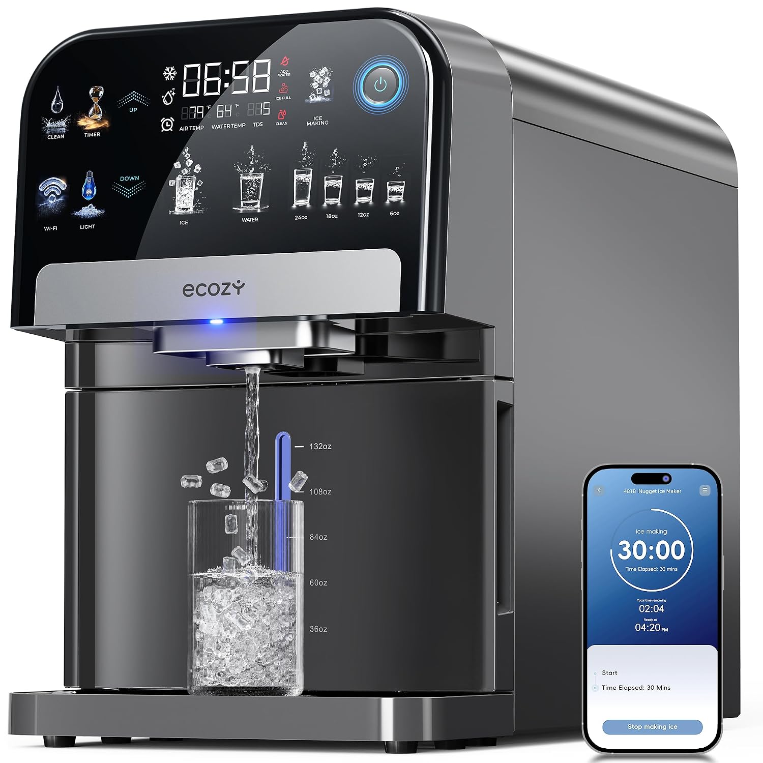 Detalle de ecozy IM-ND481B Nugget Ice Maker and Water Dispenser, App Control, 33 lbs/day