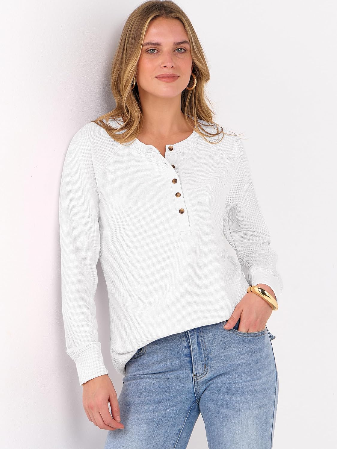 Detalle 2 de ANRABESS Women's Waffle Knit Henley Top