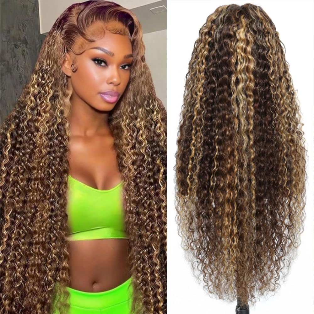 Myzebo 32-Inch Ombre Lace Front Wig (13x6 HD Lace, Deep Wave, Honey Blonde Highlight)