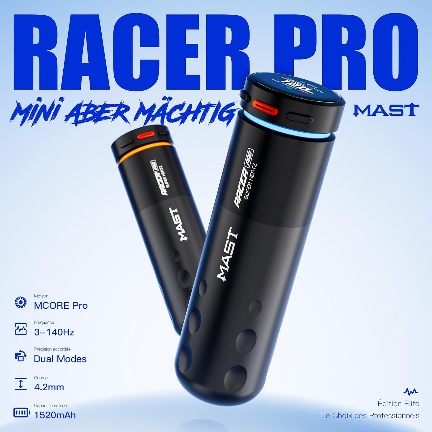 Detalle 2 de MAST TATTOO Mast Racer Pro Kit — machine à tatouer sans fil avec 20 aiguilles, 2 batteries et encre noire