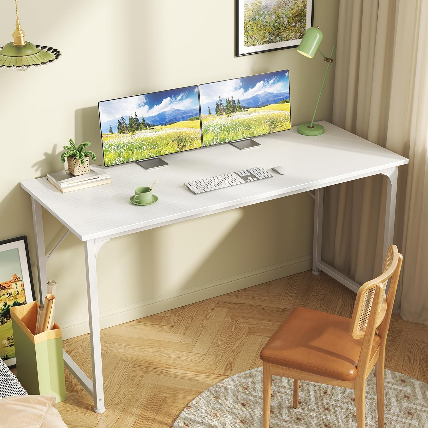 Detalle de Huuger 48-Inch Computer Desk, White, Metal Frame, Reinforced Support
