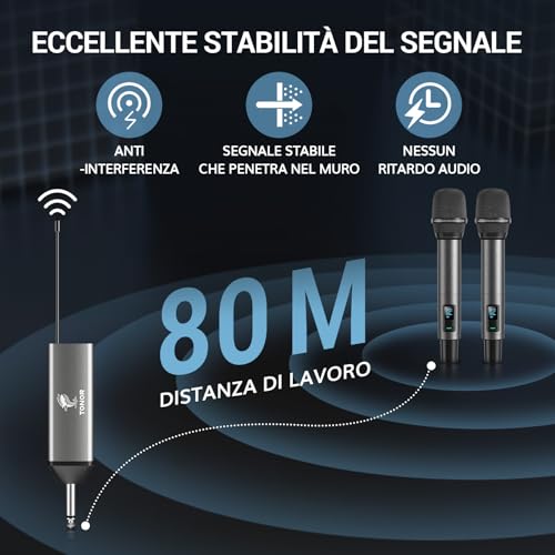 Detalle 2 de TONOR Microfono Wireless TW520: set professionale con due microfoni dinamici UHF ricaricabili