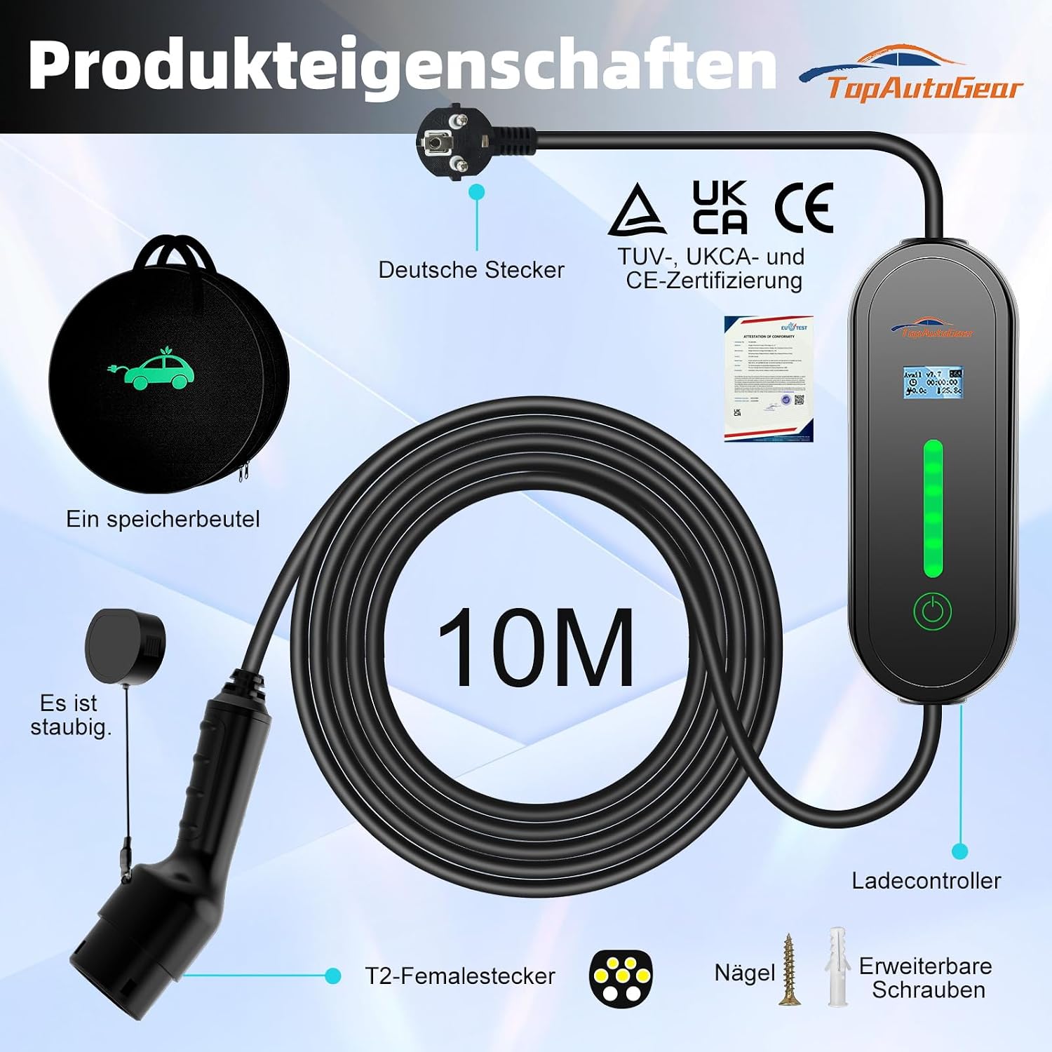 Detalle de TopAutoGear E Ladekabel Typ 2 Schuko 220 V, 10 m – sicher, flexibel und wetterfest