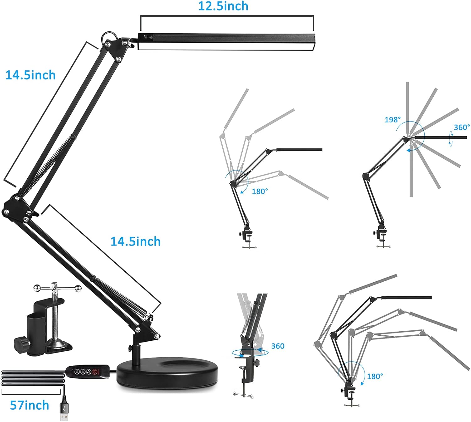 Detalle de SKYLEO LED Schreibtischlampe mit Clip und Sockel – Augenschutz, 3 Lichtmodi, 10 Stufen Helligkeit, USB 5V/2A, Schwarz
