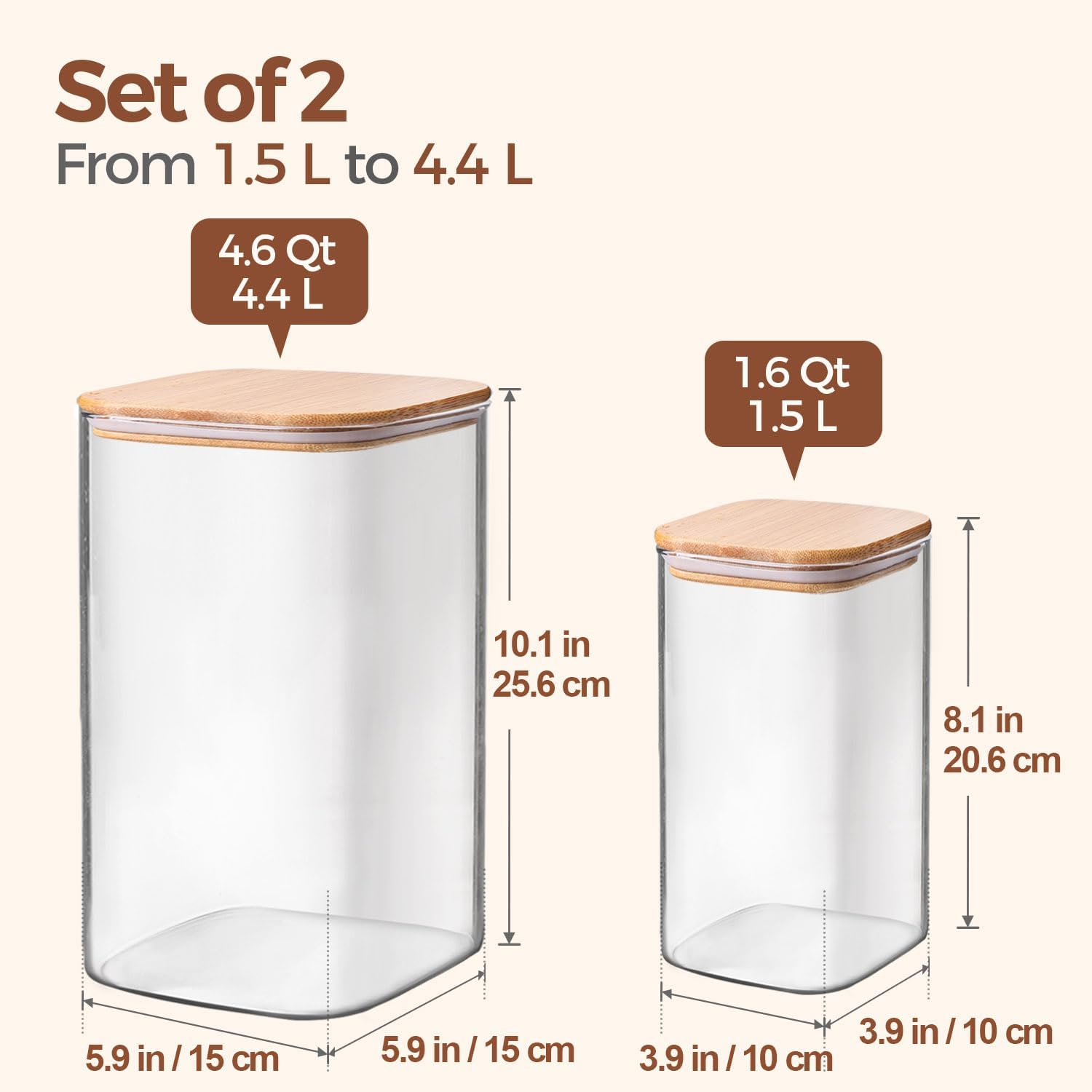 Detalle de ComSaf förvaringsburkar i borosilikatglas med bambulock, 1,5 och 4,4 l, 2-pack