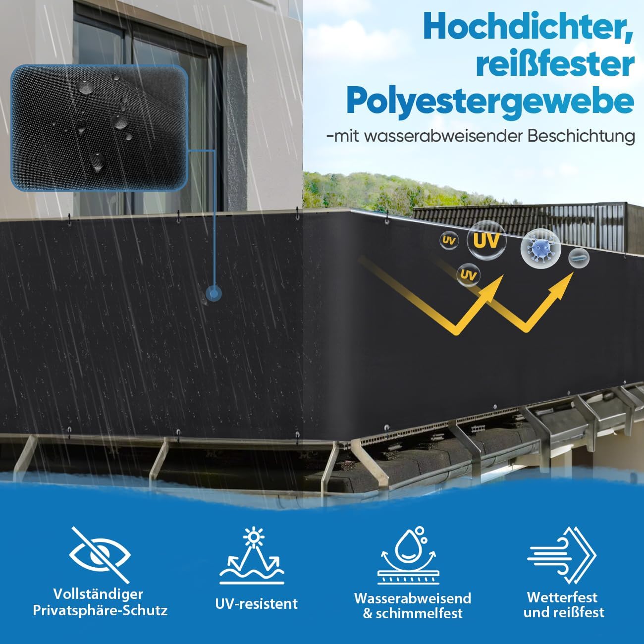 Detalle de Sekey Balkon Sichtschutz 75 x 600 cm (schwarz) – blickdichtes Wind- und UV-Schutzgewebe mit Ösen