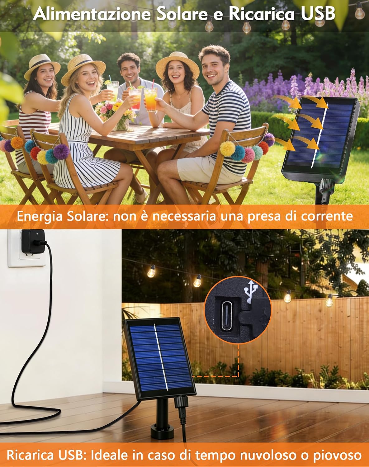 Thumbnail 6 de Rovlak Catena Luminosa Esterno Solare 10M con 15+1 LED G40 – 8 modalità, controllo luminosità e ricarica USB