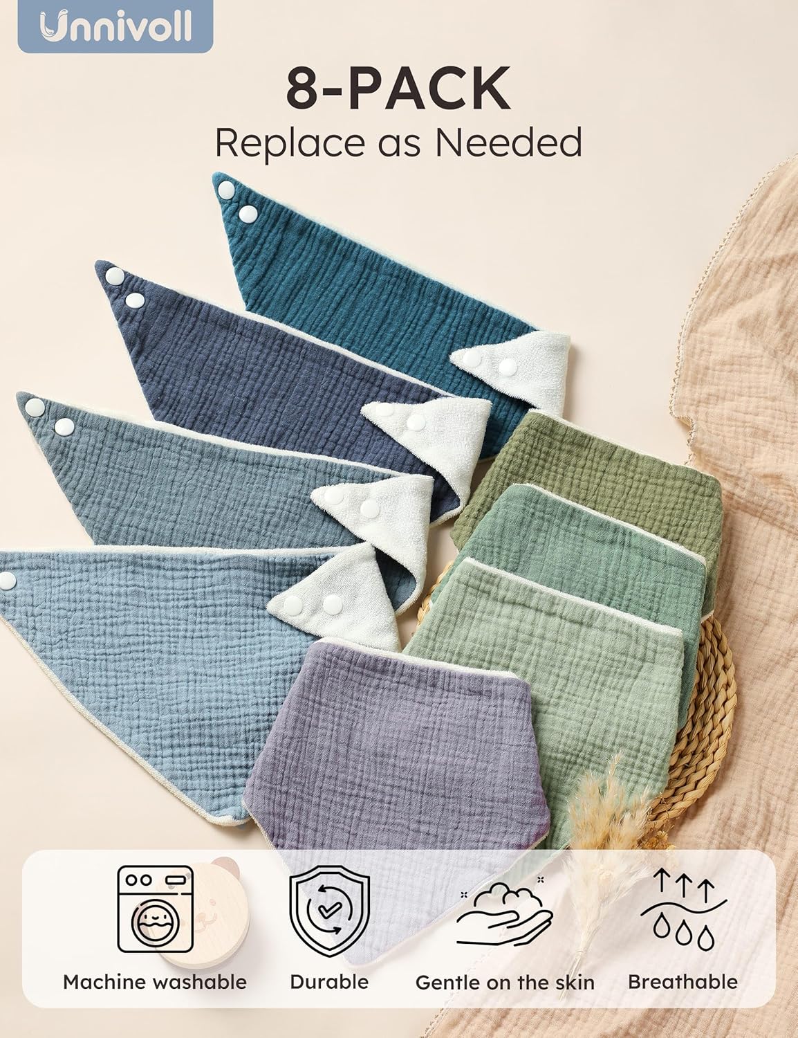 Thumbnail 5 de Unnivoll muslin baby bibs (100% cotton) bandana dribble bibs, 8-pack with adjustable snaps, 0–36 months