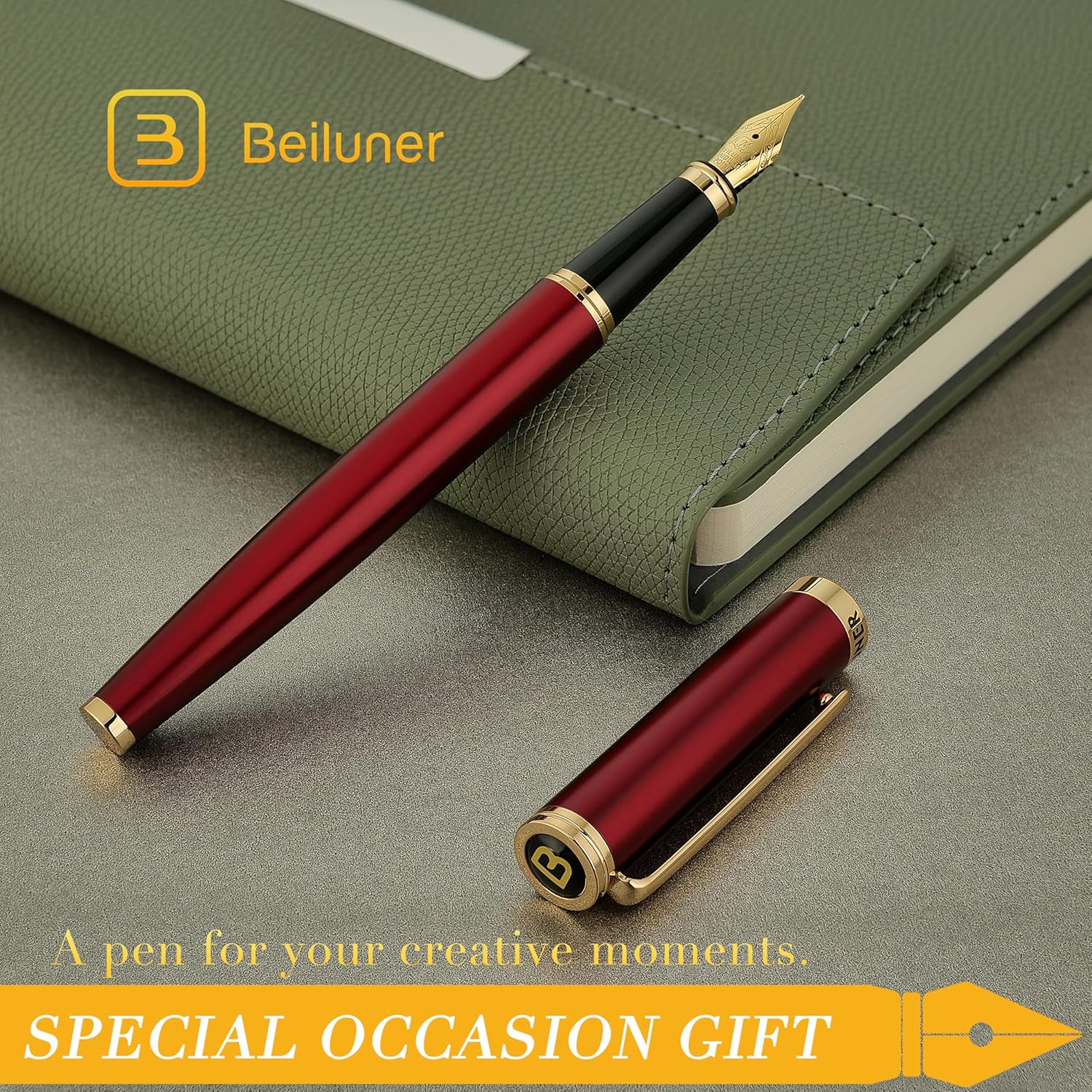 Thumbnail 6 de BEILUNER Penna stilografica di lusso Rosso & Oro con pennino medio 24K
